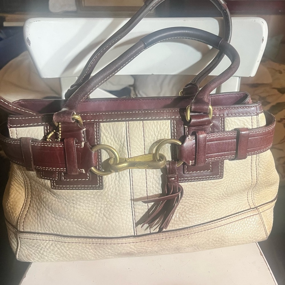 Coach Purse Hampton Tote Tan, Brown Leather Tote Shoulder Authentic